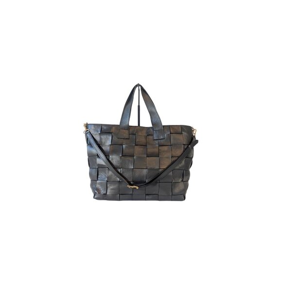 Anna Paola Handbags - Anna Paola Basket Weave Tote Shoulder Bag Crossbody Black Smooth Italian Leather